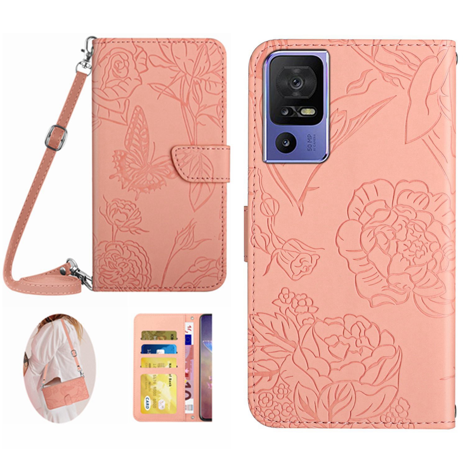 HT03 PU Leather Case for TCL 40 SE Butterfly Flowers Imprinted Stand Wallet Phone Cover with Shoulder Strap HT03 PU Leather Case for TCL 40 SE Butterfly Flowers Imprinted Stand Wallet Phone Cover with Shoulder Strap